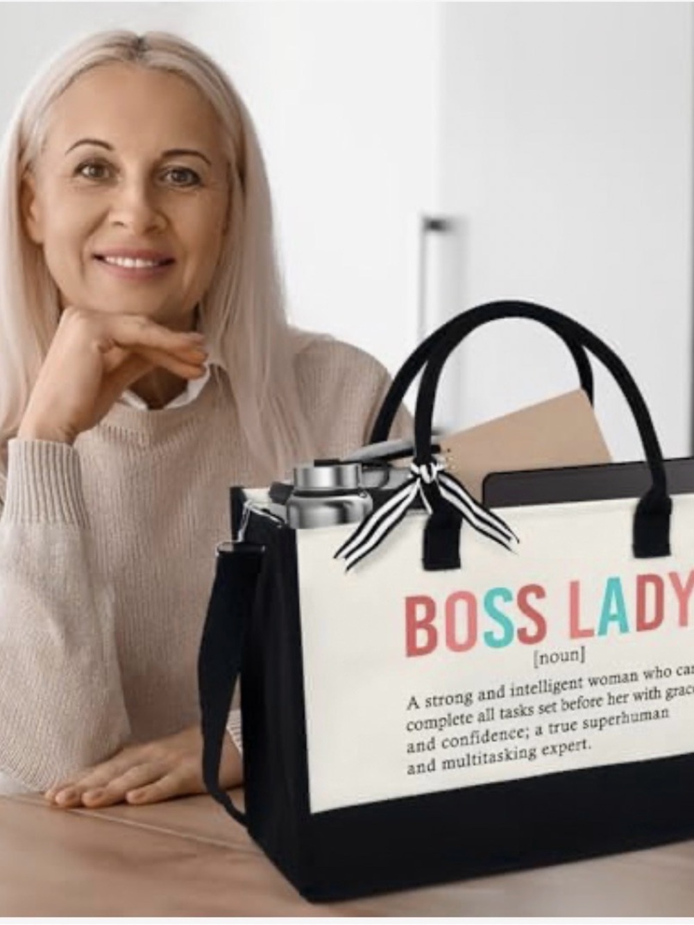 BOSS LADY Canvas Large Tote Bag Office Wear Workwear Career Business Casual - Picture 10 of 16